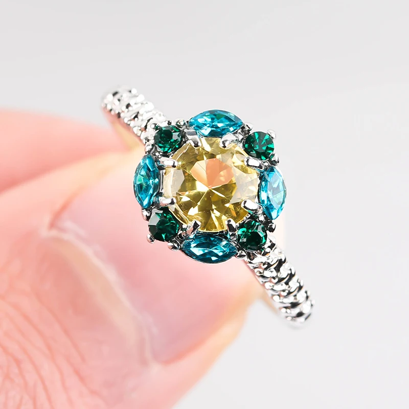 

Vintage Silver Color Plated Flower Rings for Women Wedding Party Engagement Colorful Rhinestone Finger Ring Jewelry Accessories