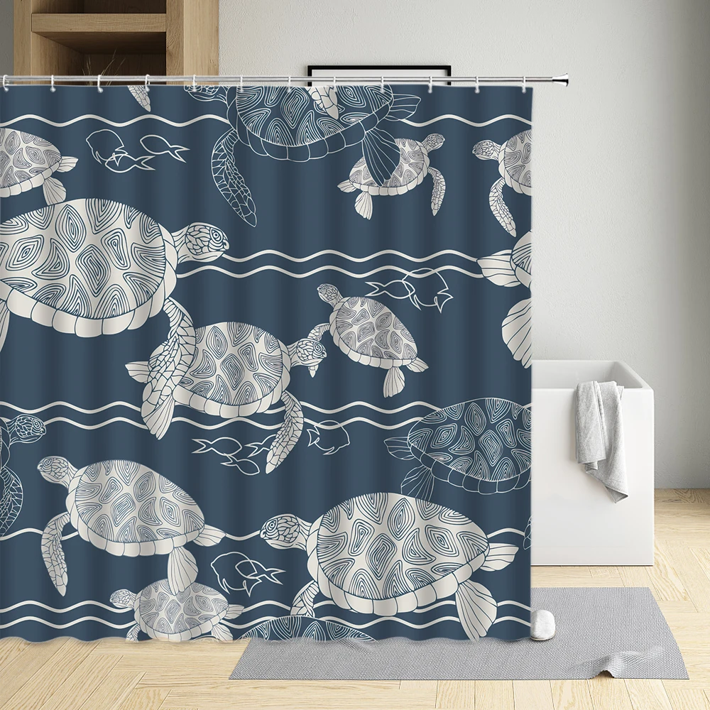 

Ocean Animal Sea Turtle Shower Curtain Jellyfish The Waves Hippocampus Sandy Beach Anchor Crab Palm Tree Bathroom Decor