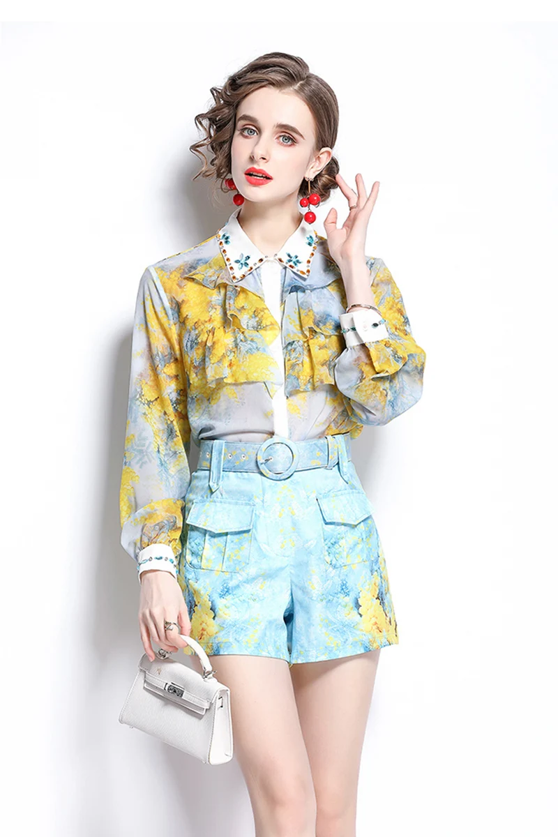 

2021 Spring Fall European Women New Ruffled Lapel Short Sleeve Shirt Ladies Fashion Printed Shorts Office Lady Two-piece Suit