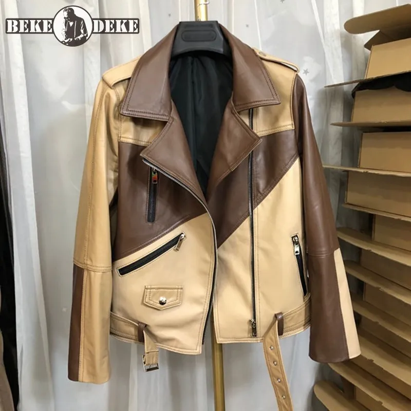 

New Fashion Women Colors Panelled Sheepskin Genuine Leather Jacket Short Belted Slim Fit Motorcycle Biker Coat Windproof Jackets