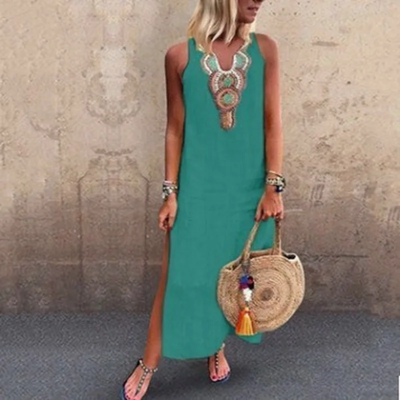 

2020 spring and summer ladies fashion casual loose cotton Bohemian sexy sleeveless deep V-neck side slit dress plus size S-5XL