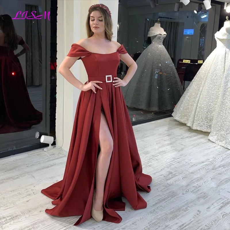 

Off the Shoulder Satin Evening Dresses Sexy Long Side Slit Prom Gowns for Women Vintage Party Dress vestidos de fiesta