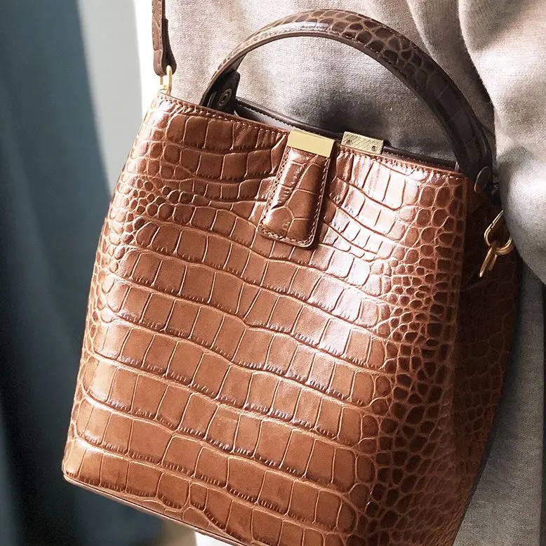 Crocodile brown Простая Сумка-мешок из натуральной кожи, женская сумка \ Сумочка, Модные Цепочки, женская сумка-тоут, дизайнерская женская сумка через плечо~ 19B25 - Цвет: Crocodile brown
