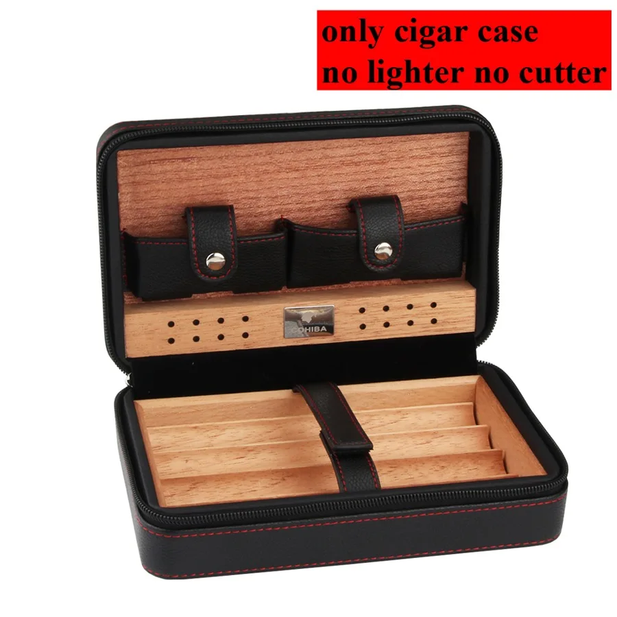 COHIBA, кедровое дерево, хьюмидор для сигар, портативный кожаный чехол коробка для сигар с зажигалкой, резак, увлажнитель, коробка для увлажнения - Цвет: Черный