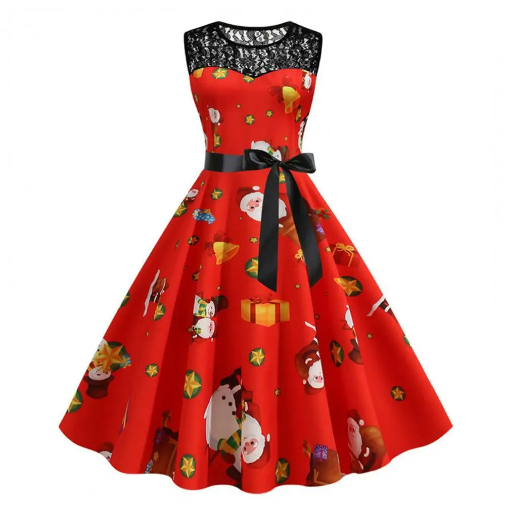 

Lace Christmas Dress Women 2021 New Xmas Dress Elegant Snowman Patchwork Female Waist Tied Large Hem Dress for Christmas
