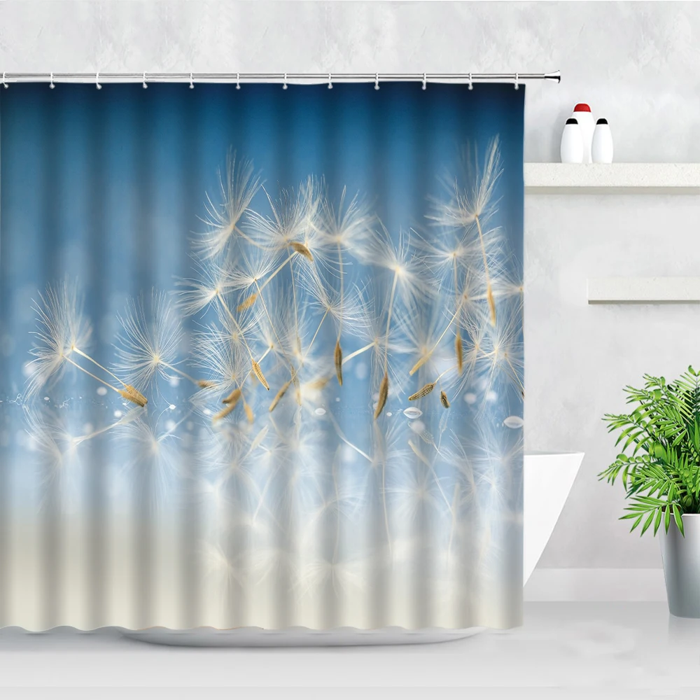 

Butterfly Purple Floral Shower Curtains Green Leaves Plant Flowers Dandelion Wall Decor Waterproof Fabric Bathroom Curtain Hooks