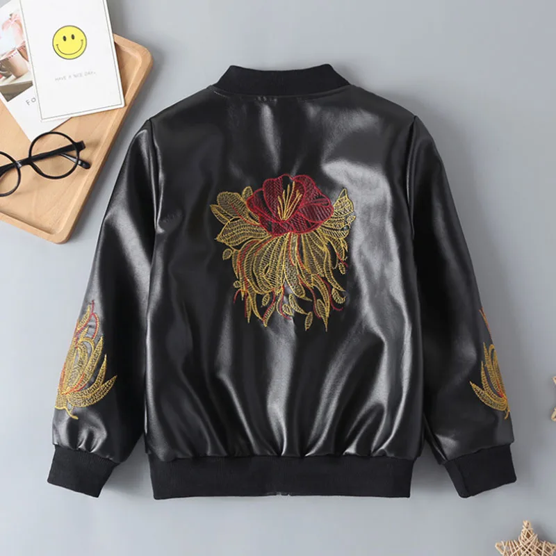 

Children Autumn Winter Embroidery Pattern PU Coat Jacket For Girl or Boy Leather Outerwear Clothes