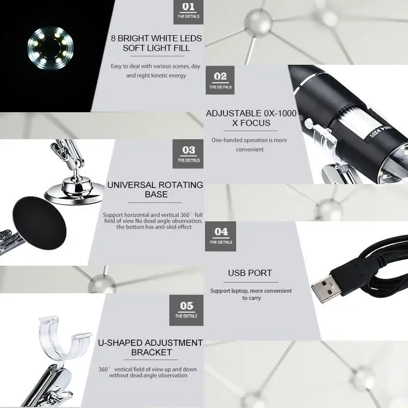 adjustable 1600x digital microscope electronic camera endoscope 3 in 1 8 led magnifier magnification with stand for pc tools free global shipping