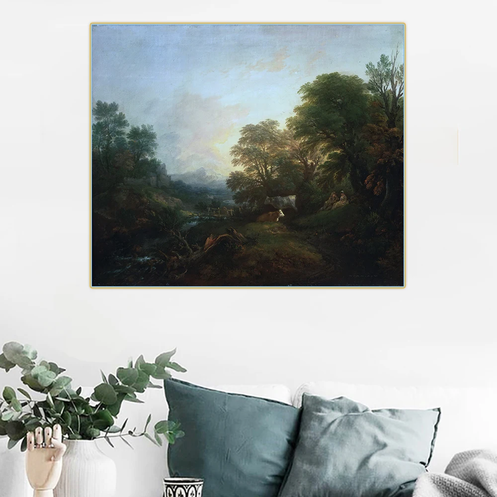

Thomas Gainsborough"Landscape With Rustic Lovers Two Cows & A Man On A Distant Bridge"Decoration Wall Picture Poster Home Decor