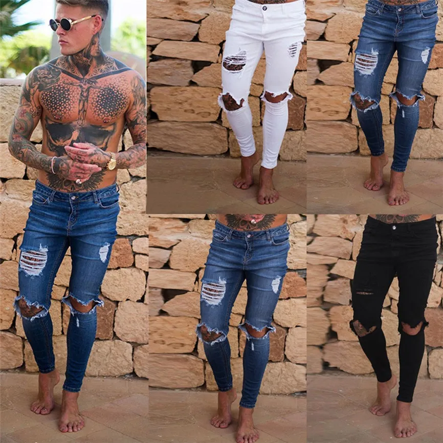 2019 Новый стиль Горячая Распродажа мужские рваные облегающие джинсы с дырками для мотоцикла на молнии