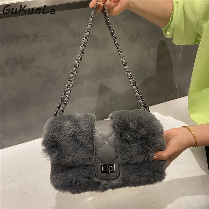 

3colors Faux Fur Women's Shoulder Bag New Luxury Chains Female Handbags and Purses Crossbody Bags for Women Khaki Grey Black