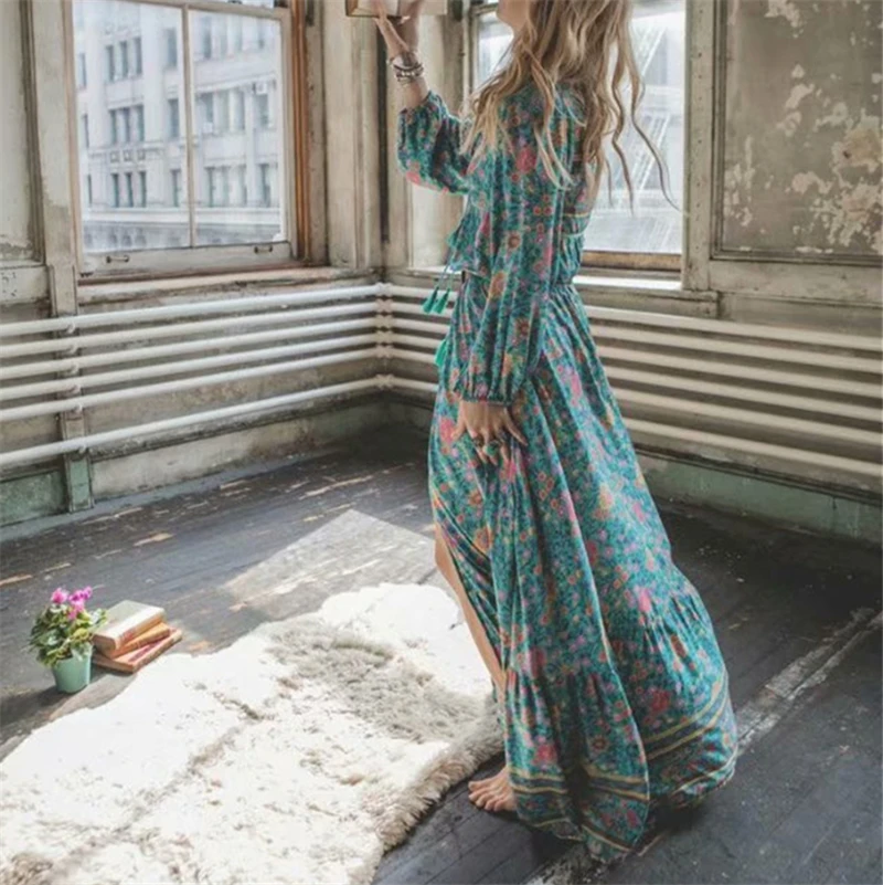 Boho королев для женщин зеленый цветочный принт длинное пляжное богемное женское
