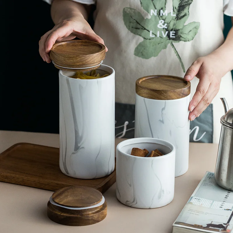 

Household retro marbling sealed tea can ceramic Nordic storage can creative kitchen grain storage can