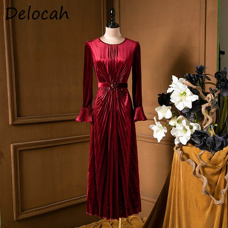 

Delocah женское весеннее модное подиумное однотонное плиссированное платье с расклешенными рукавами, элегантное тонкое женское праздничное д...