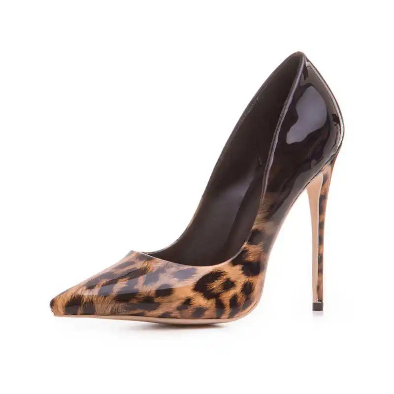 

thin 12cm patent leather leopard pattern fashion high heels women's heel pointed pattern women's shoes pure color single shoes