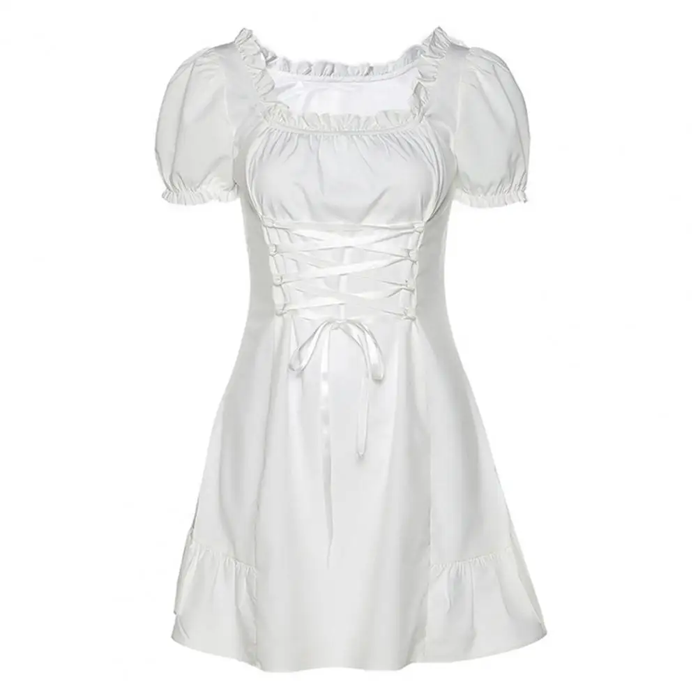 

New Mini Dress Puff Sleeves Breathable Polyester White Female Party Dress for Daily Party Streetwear