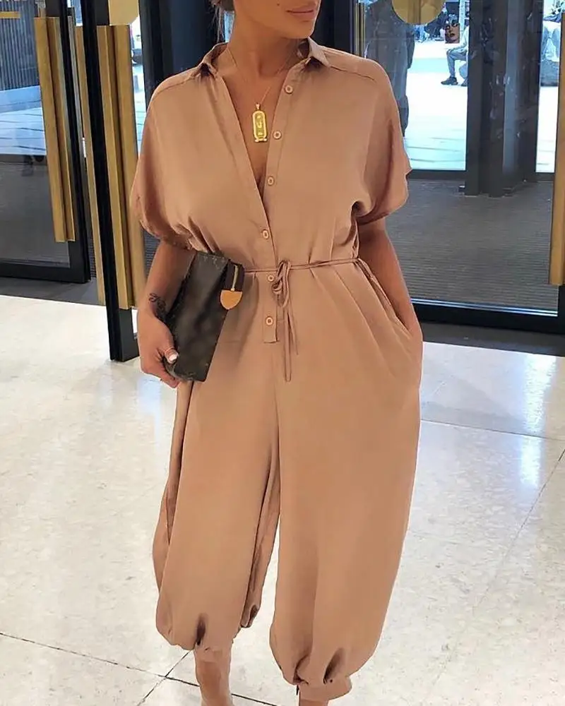 Однотонный комбинезон с короткими рукавами на пуговицах Женский отложным