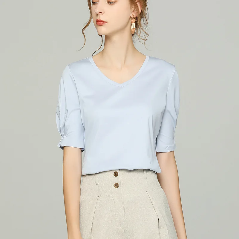 

100% cotton 5-sleeve V-neck T-shirt women's solid color T-shirt slim