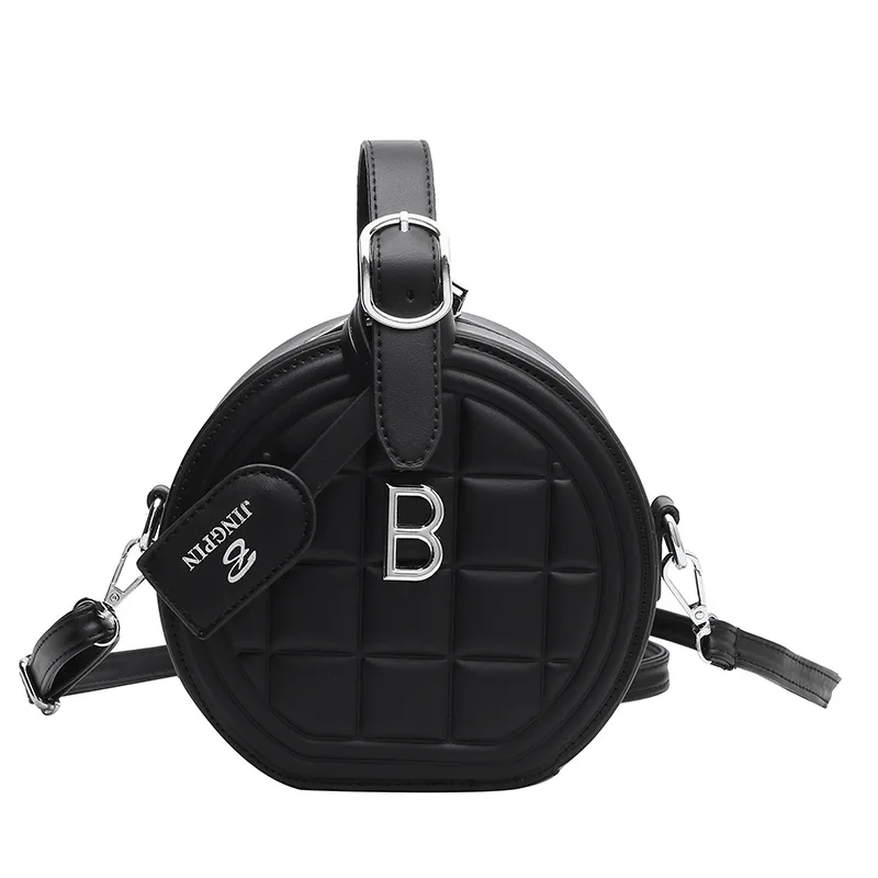 

Ins fashion sewing checkered small round bag new solid color texture handbag Single Shoulder Messenger Bag Fashion Women's bag