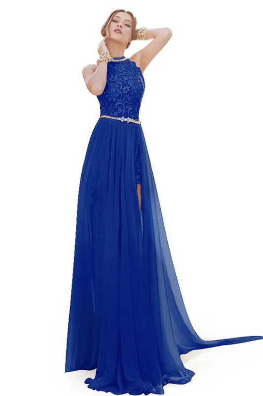 RoyalBlUE Сексуальный кружевной топ с бретелькой через шею и открытой спиной, пляжные платья для выпускного вечера, дешевые восемь цветов, разрез Вечернее платье, платья в стиле бохо CPS231 - Цвет: RoyalBlUE