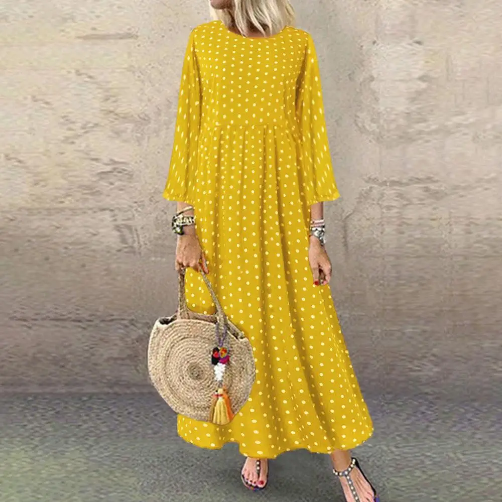 

Платье женское Плиссированное хлопковое с принтом в горошек, Длинное свободное модное платье с круглым вырезом и длинным рукавом, весна-осе...