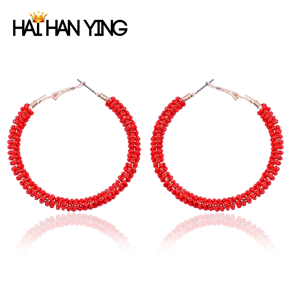 

New fashion women's handmade bead ring earrings Europe and the United States popular round hanging earrings red wedding earrings