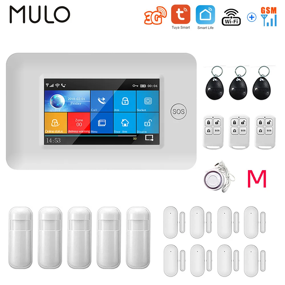 Wireless Wifi 3G GSM GPRS Home Security Alarm System With 4.3 Inch Touch Screen For Tuya Smart Life APP Works Alexa & Google