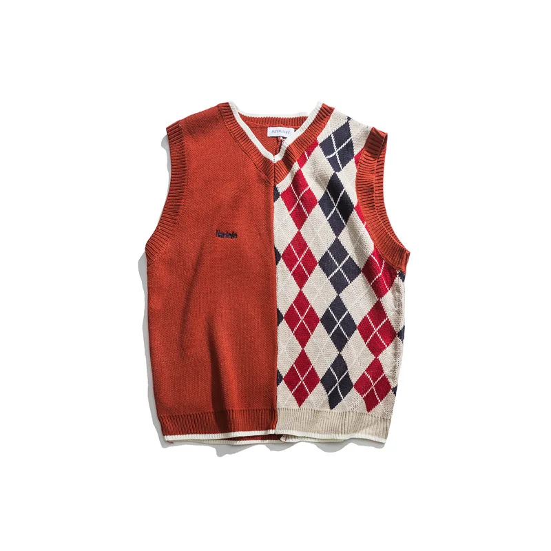 

Japanese Loose Couple Stitching Sweater Vest Men New Autumn Bottoming Round Neck British Style Sleeveless Color Contrast Fashion