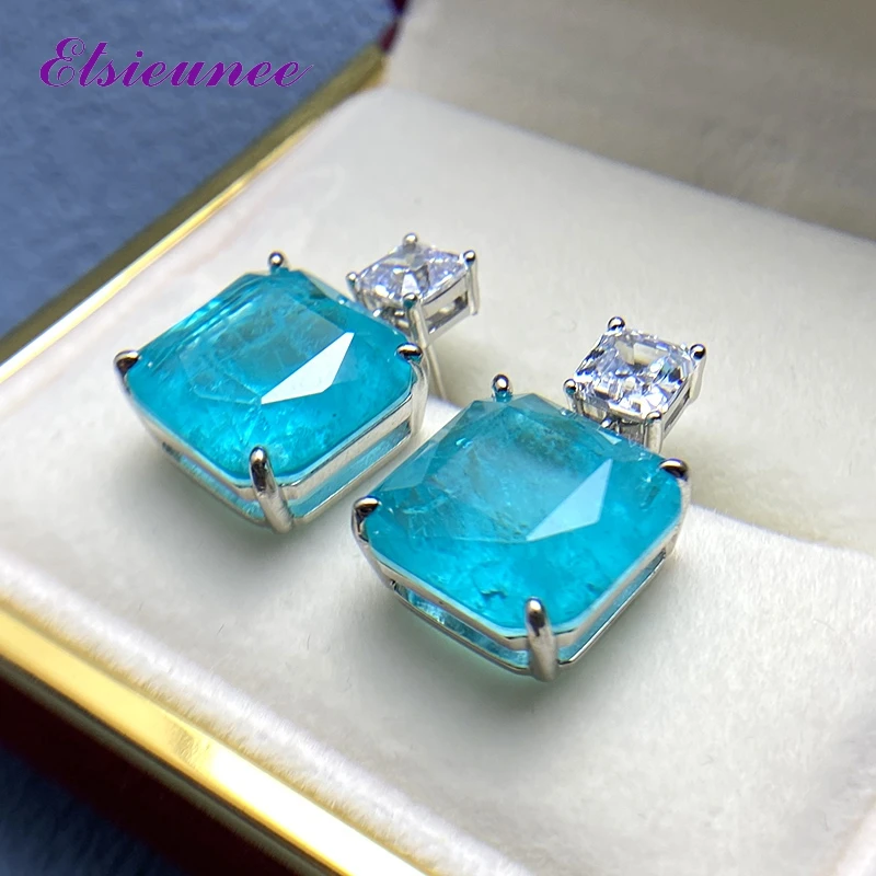 

ELSIEUNEE Elegant 925 Sterling Silver Huge Paraiba Tourmaline AAA Zircon Stud Earrings for Women Wedding Engagement Fine Jewelry