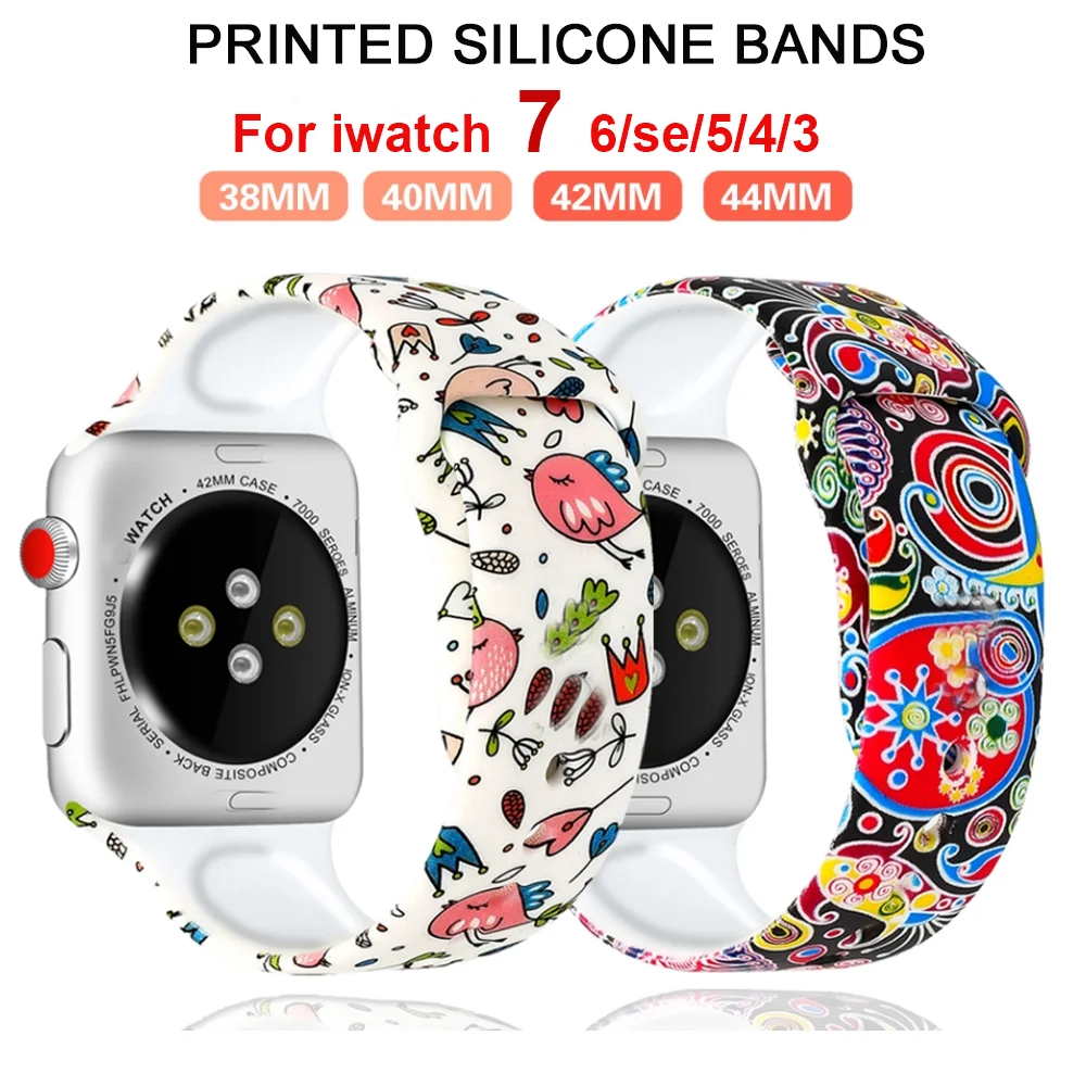 

Printed Strap For Apple Watch band 44mm 40mm 42mm 38mm correa Silicone women bracelet iwatch series SE 5 4 3 6 7 45mm 41mm