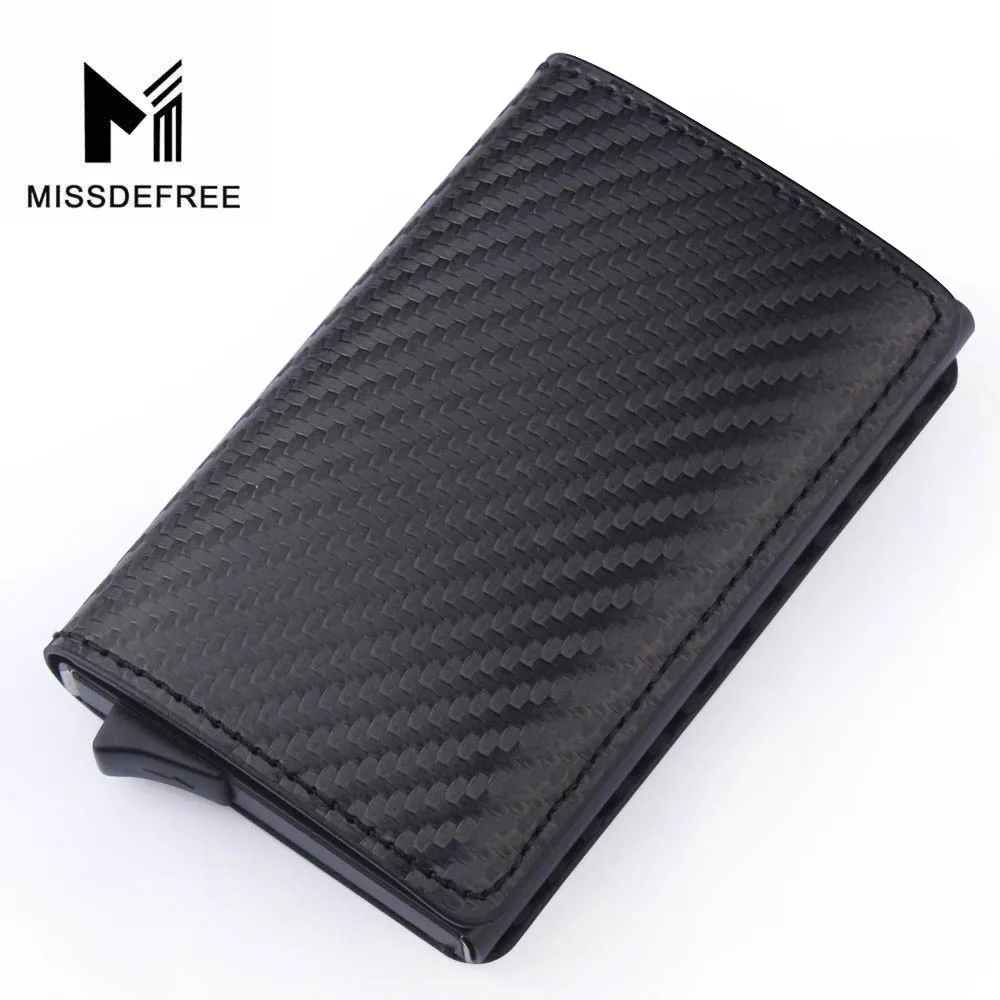Carbon Fiber Leather Алюминий бумажник с заднего кармана ID Card Holder RFID Блокировка мини-тонкий металлический кошелек автоматические всплывающие Кредитная карта монет кошелек - Цвет: Carbon Fiber Leather
