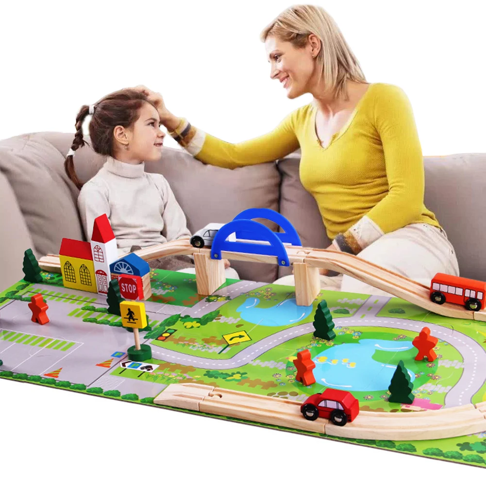 

40pcs/set Wooden Parent Children Small Train Mini City Traffic Track Toy Rail For Kids Learning Development Gift Building