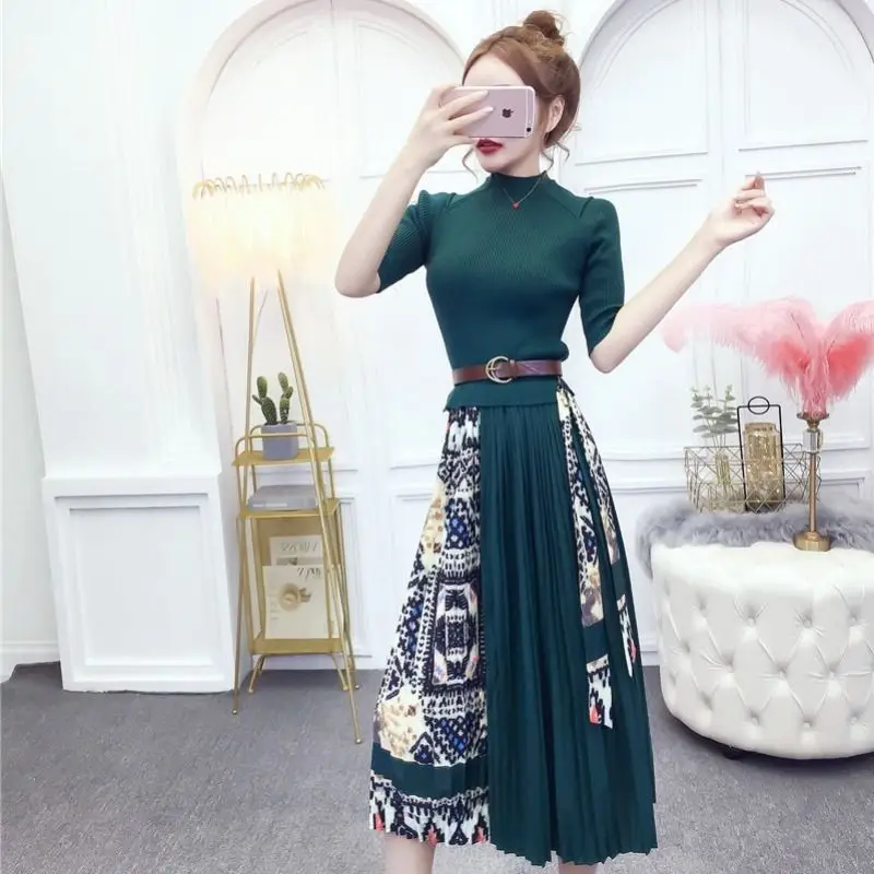 Весна корейский стиль лоскутные принт вязаное модное платье с имитацией двух