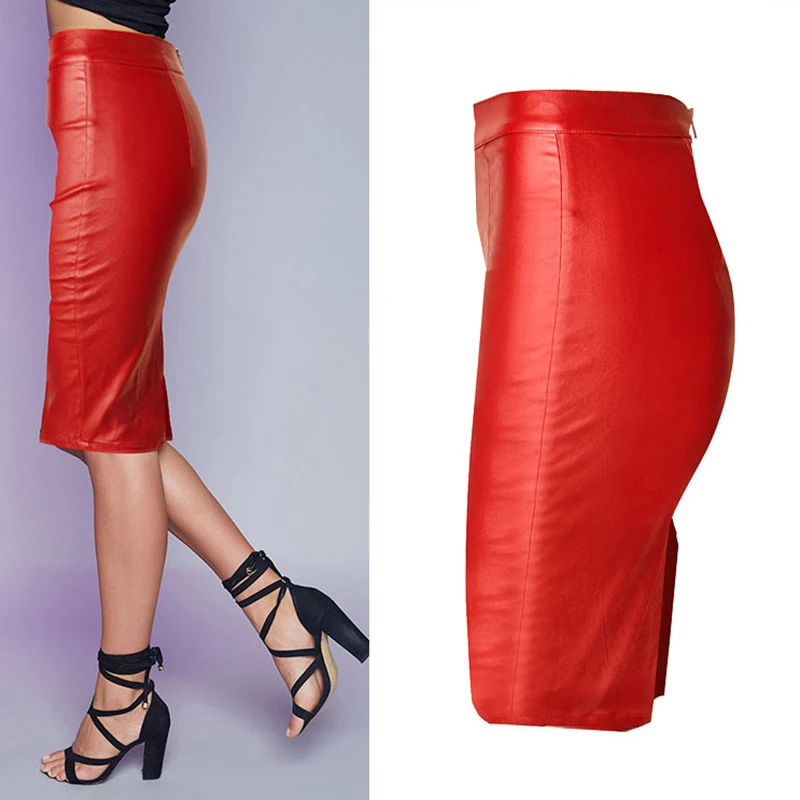 Модная женская одежда 2020 красные юбки из искусственной кожи с высокой талией