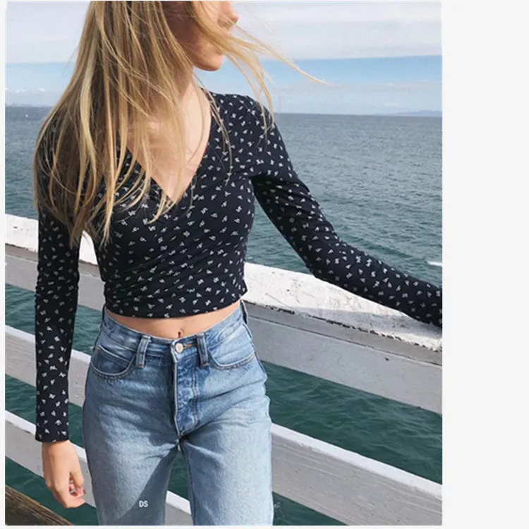 

Zoulv Spring and Autumn V-neck Print Two-wear Wrap Long-sleeved Top Sexy Crop Top with Straps Temperament Casual Women's Clothes