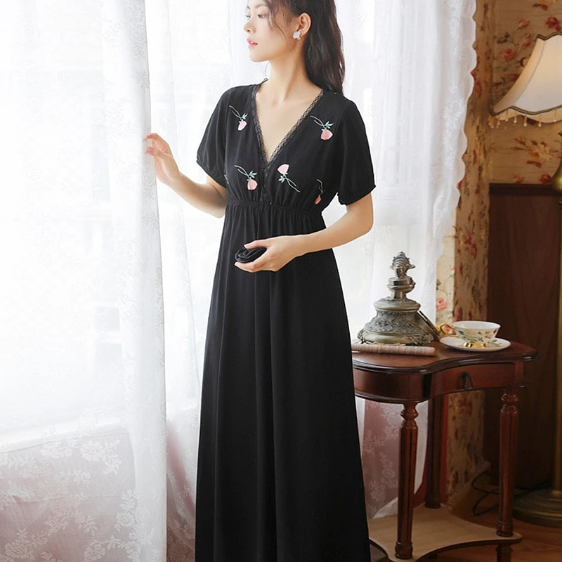 

Summer Ladies Long Nightgowns Sexy V Neck Palace Vintage Sleepshirts Women Print Elegant Nightdress Negligee Black Sleepwear