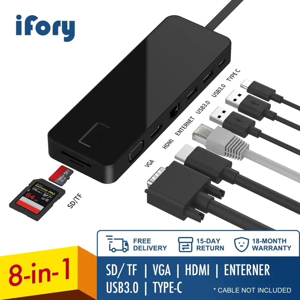 Концентратор iFory Type C адаптер USB с HDMI Ethernet 2 3 0 кардридер SD/TF зарядка Pd 100 Вт порты для