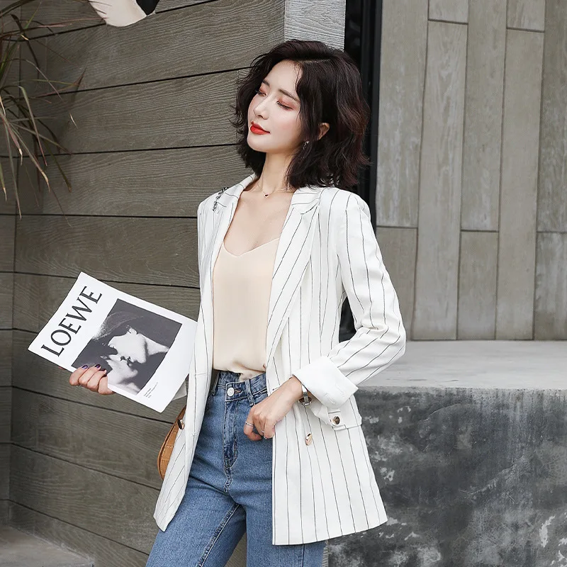 Женский пиджак и пальто новинка 2019 Осенний двубортный черный блейзер в полоску