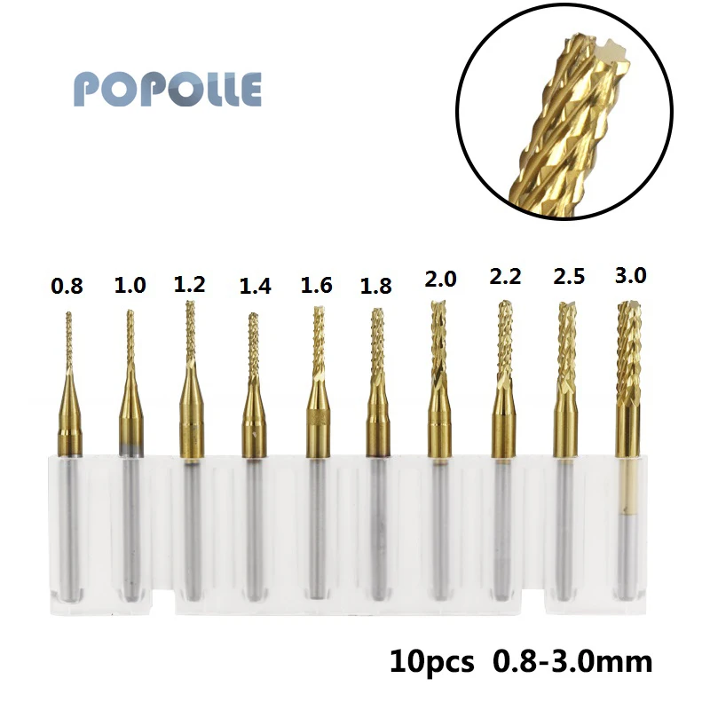 POPOLLE Corn Milling Cutter Woodworking Gong Knife 0.6-3.175 Cemented Carbide PCB End Mill Set, Used for Engraving, 10 End Mills