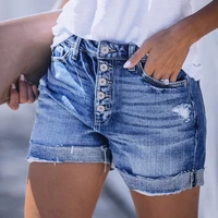 denim shorts 2021 super hot explosion model elastic hole ladies jeans straight mid waist thin denim women straight leg pants