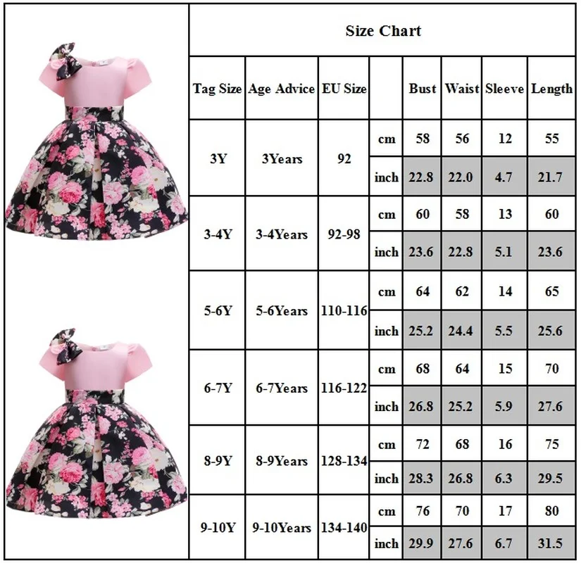 

Children's Party Dress Summer Girl Lovely Bow Decoration Pink Short Sleeve Rose Print Bunched Waist Pleated Design