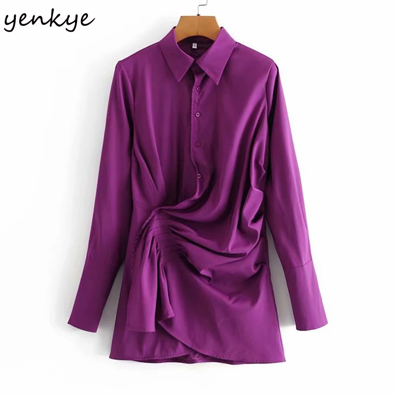 

Женское Атласное асимметричное платье с длинным рукавом и воротником с лацканами