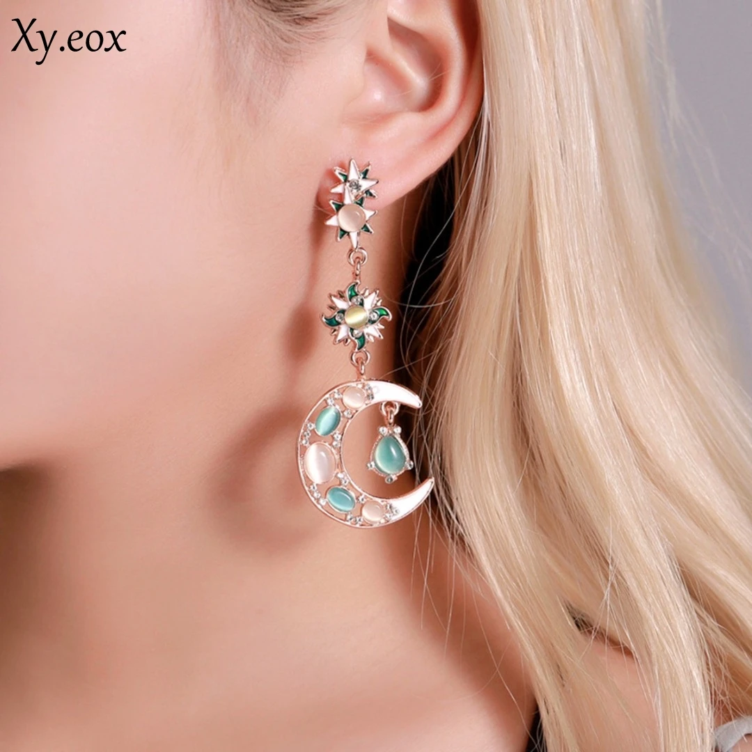 

Модные Подвесные серьги в виде Солнца и Луны, Висячие женские Асимметричные ювелирные изделия с опалом