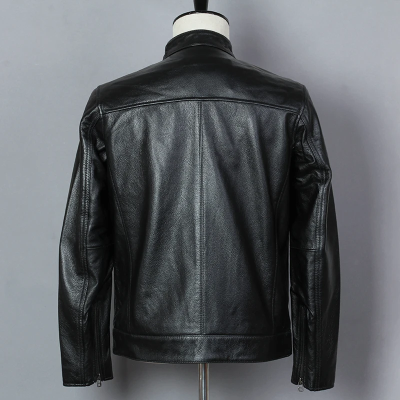 

2021 Men's Vintage Genuine Leather Stand Collar Zipper Motorcycle Men Black Cowskin Biker Jacket Male