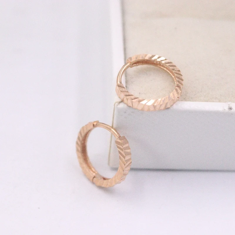 

Pure Solid 18K Rose Gold Earrings Women Luck Stripe Hoop Earrings 1.3-1.6g 12.5x2mm Best Gift