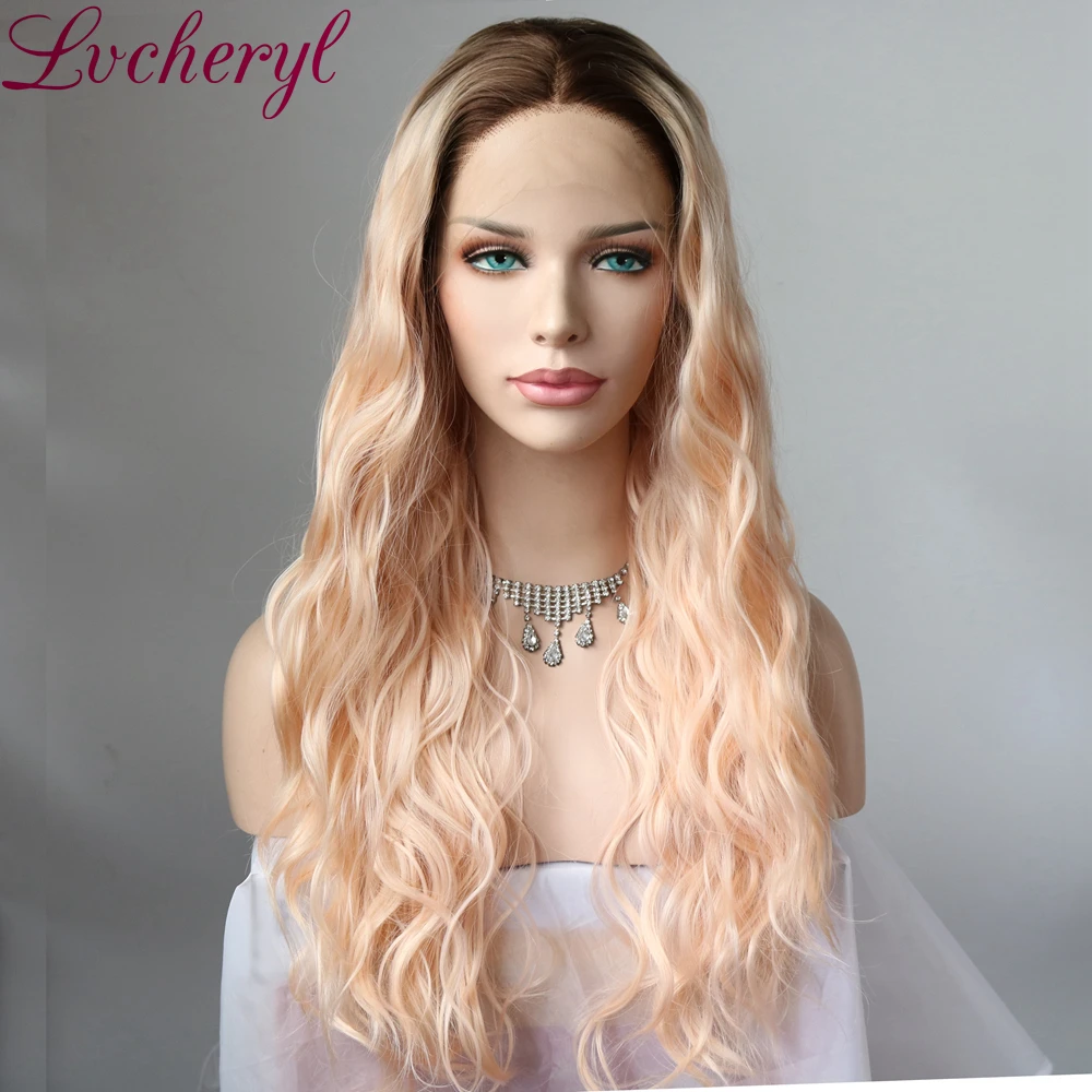 Lvcheryl коричневые корни к персику блонд Синтетические Кружева передние парики