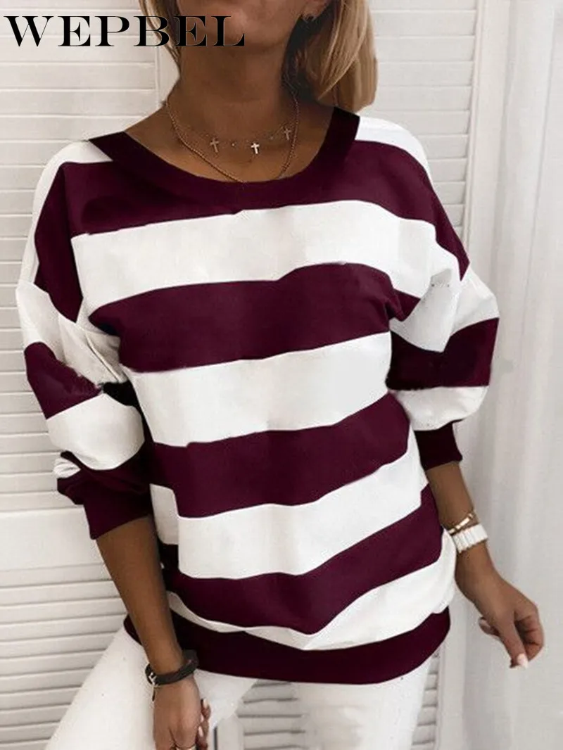 

WEPBEL Autumn Winter Women Striped Long Sleeve Hoodies Casual Sweatshirt Loose Sport Pullovers Stitching Shirts
