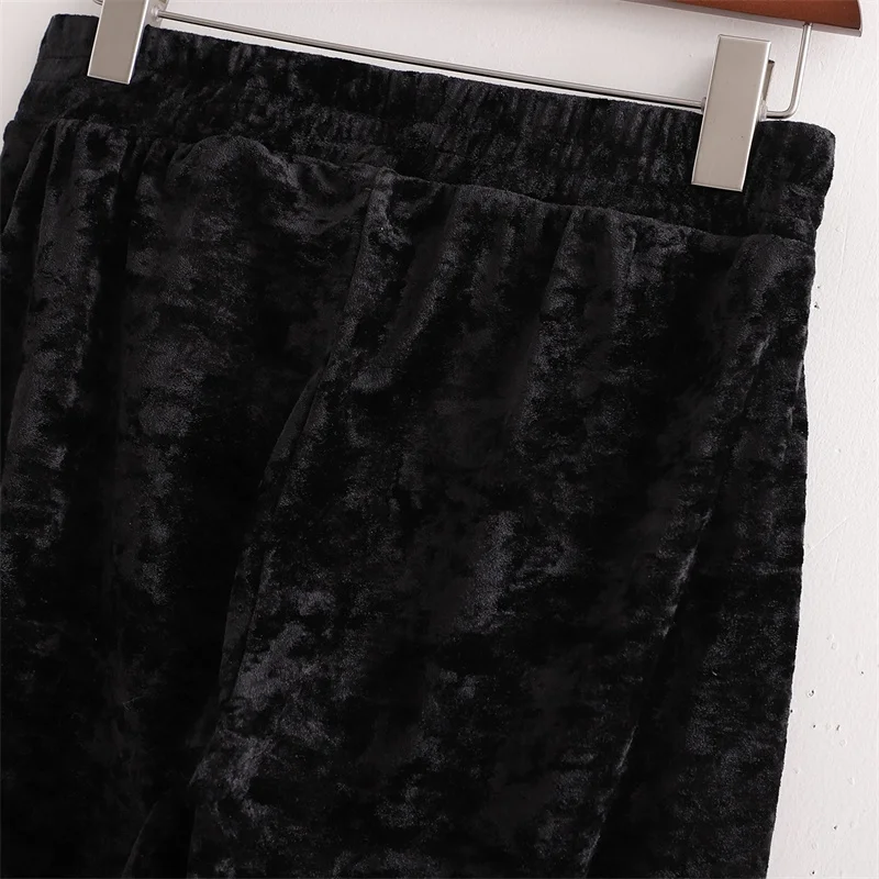 

ZXQJ Women 2021 Fashion Velvet Knitted Jogging Pants Vintage High Elastic Waist Drawstring Female Ankle Trousers Mujer