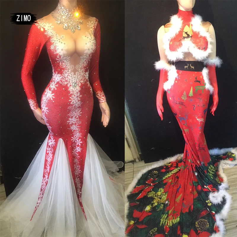 

Красный Рождественский олень женские комбинезоны стразы платье с принтом Клубные вечерние костюмы для сцены для выступлений для танцоров, ...