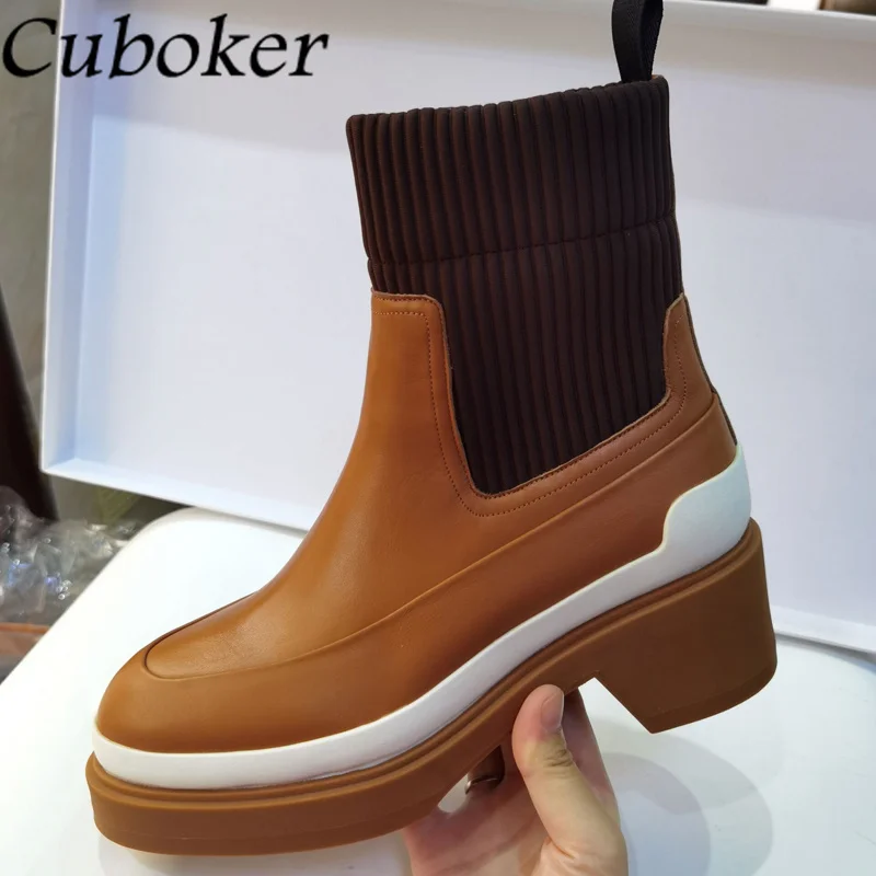 

Winter 2021 Chelsea Boots Knitted Patchwork Heels Women Botas Real Leather Platform Boots Luxury Shoes Botas Femininas Botines
